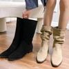Fashion 2024 Women's Natural Suede Western Boots Thick Pointed Short Boots Vintage Pleated Fashion Boots Women's Autumn