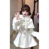 Elegant Miss White Women's Bow Waist-Cinching Cloak Dress Set - Spring/Autumn Two-Piece
