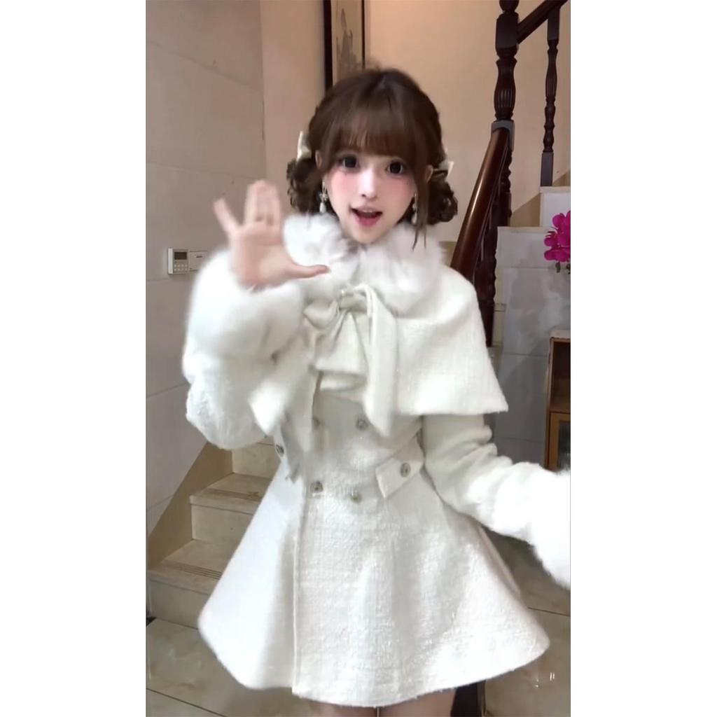 Elegant Miss White Women's Bow Waist-Cinching Cloak Dress Set - Spring/Autumn Two-Piece
