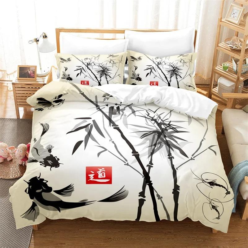 3D Oriental Ink Wash Painting Bedding Set, Bamboo Painting Print Duvet Cover with Pillowcases for Adults Teens