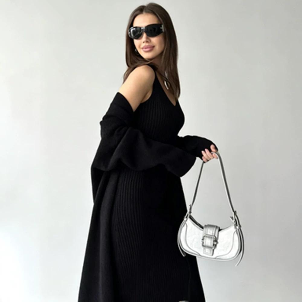 Knitted Suspender Dress European and American New Fashion Casual Cardigan Jacket Long Two-piece Hip Skirt Women