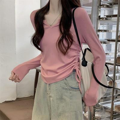 Top Autunnale da Donna a Manica Lunga con Scollo a V e Coulisse, Vestibilità Slim