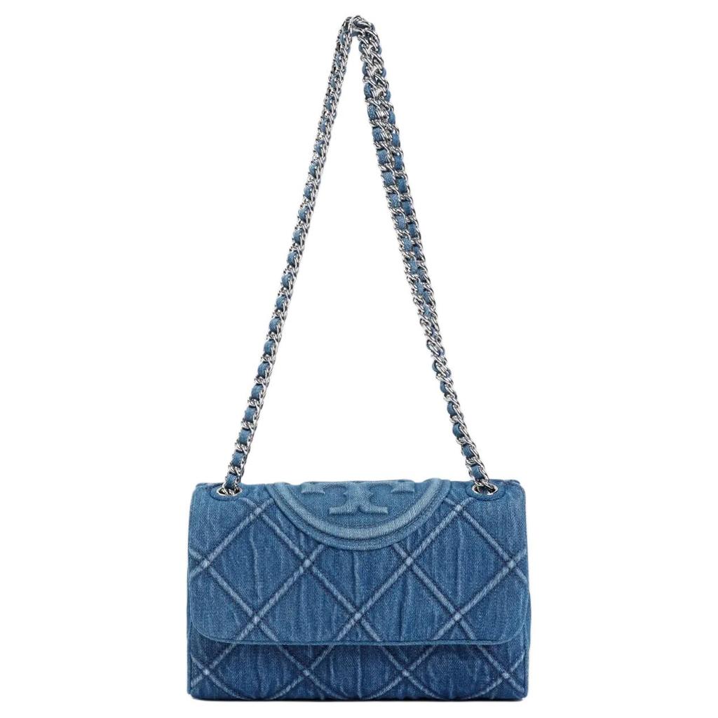 Tory Burch Fleming Diamond Pleated Embossed Double T Logo Fabric Crossbody Shoulder Bag Small Women Bags Denim-Blue 154739-426