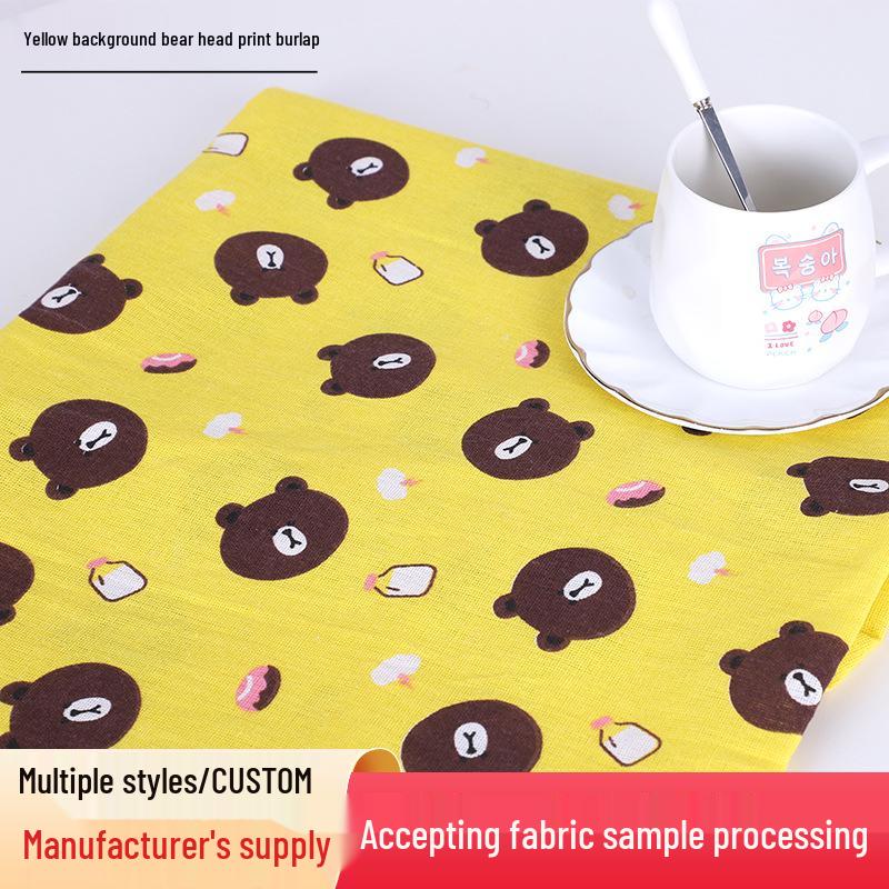 Yellow Bear Head Burlap Cotton Linen Fabric for Sofa, Tablecloth, Mat, Curtain, or Pillow 10x10