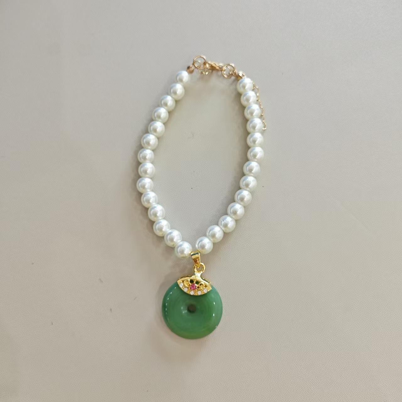 

Pet Necklace Retro Jade Pendant Pearl Neck Ring Chinese Style Temperament Small Cat Dog Collar Pomeranian Teddy Bear M neck circumference 25-30cm