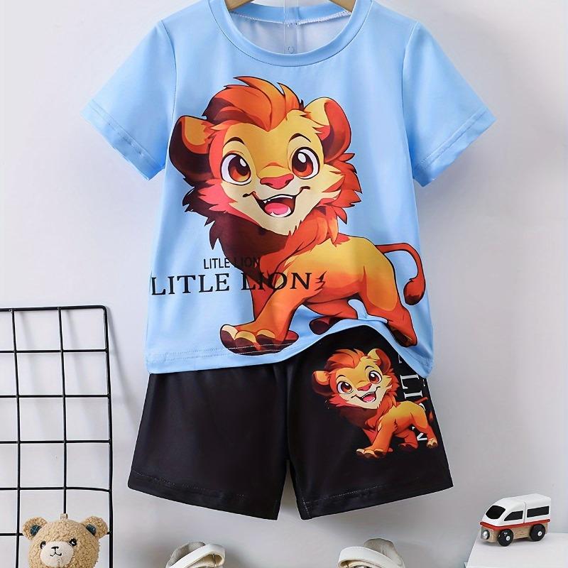 Men Clothes 2pcs Boys Fun Cartoon Bear Print Short Sleeve T-Shirt Shorts Set Summer Active Boys Complete Stylish Look
