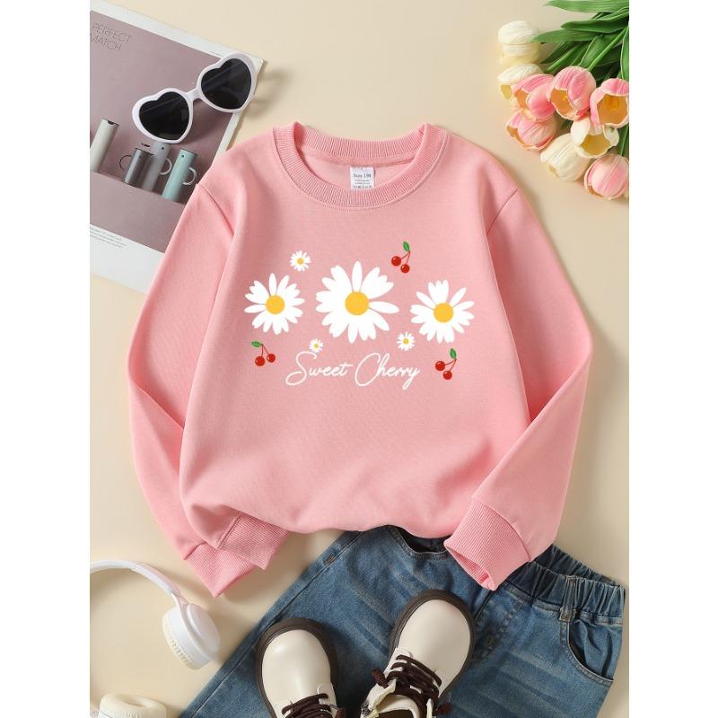 European Sizes Girls' Round Neck Fashion Sweatshirt, Sweet Cherry Daisies And Berries, Autumn Winter Trendy Print, Casual And Sporty.