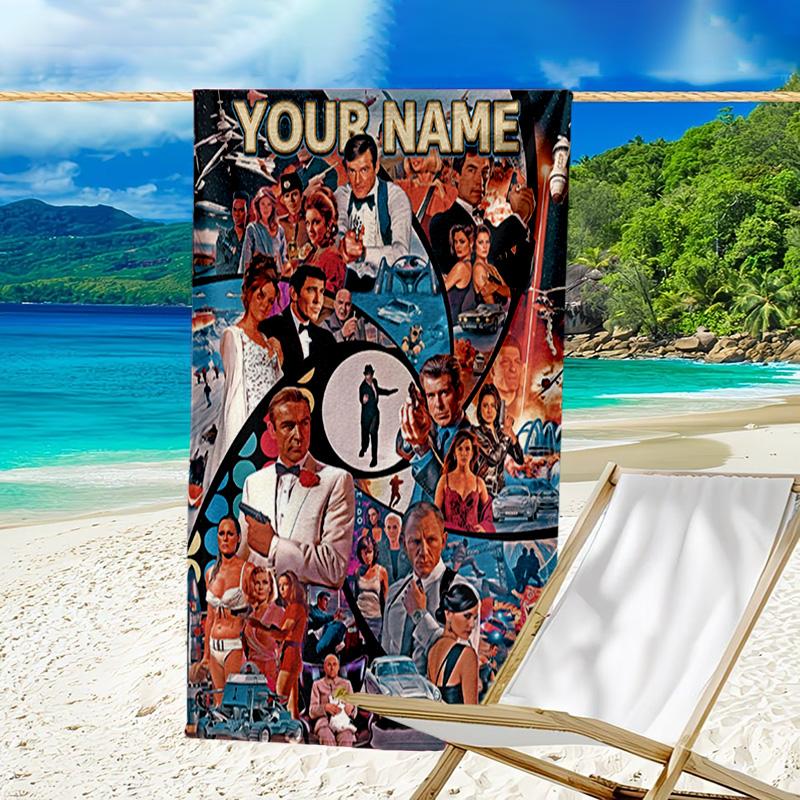 Custom Name Beach Towel James Bond Movie Collage Beach Towel, Soft Microfiber, Gift for Her/Him, Birthday, for Pool, Beach, Travel, Fan gifts