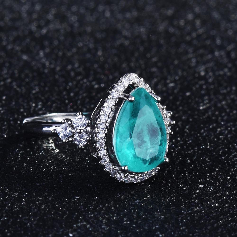 Elegant Women Jewelry Set Imitation Paraiba Open Ring with Full Diamonds Gemstone Earrings Necklace