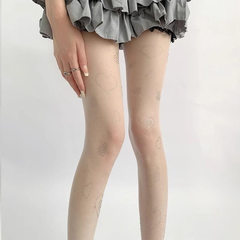 Women Sweet Ultra-Thin Sheer Pantyhose Stockings Japanese Style Glittering Rhinestones Heart See-Through Tights Leggings