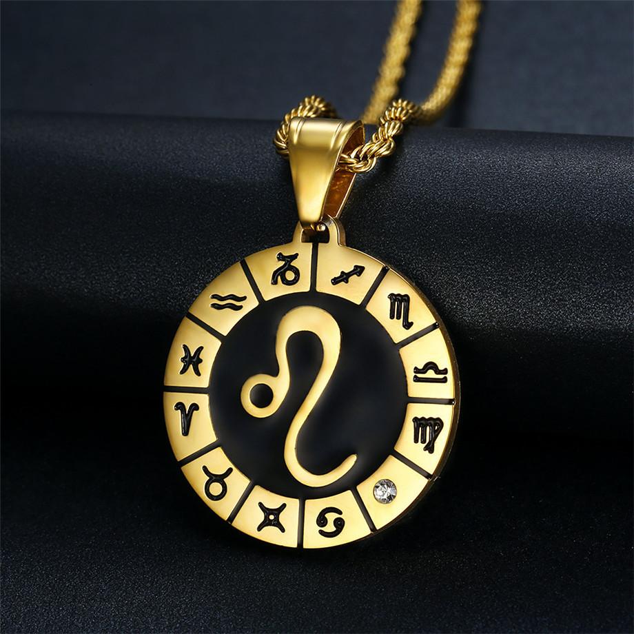 Punk Zodiac Sign Constellations Pendant Gold Color Stainless Steel Rope Chain Round Necklace For Women Men Jewelry Gift