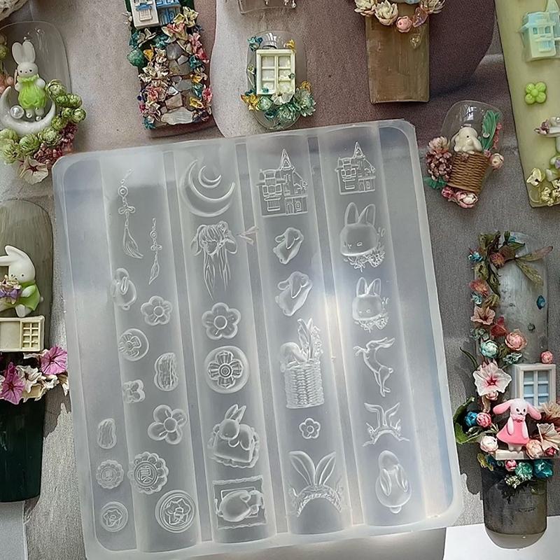 Cute Nail Mold Silicone Rabbit Paradise Moon Castle Art Elegant Oil Painting Style Nail Stereoscopic Template Mold