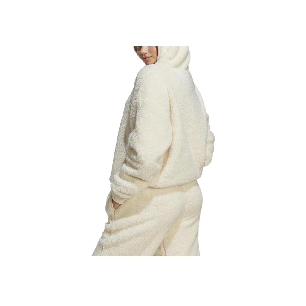 adidas Originals Solid Logo Embroidered Loose Fit Hooded Pullover Long Sleeve Cropped Sweatshirt Women Sweatshirt Beige IC2254