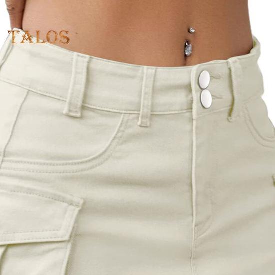 Mini fustă de blugi pentru femei Fusta cargo cu talie joasă cu buzunar, culoare solidă, cu buton, fermoar, fustă scurtă, îmbrăcăminte de stradă