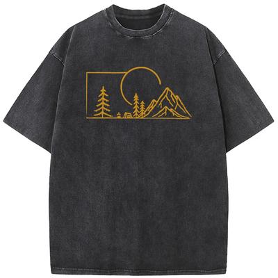 Camiseta Masculina de Montanha Estilo Ouro de Manga Curta Descolorida Camiseta Moda Solta Lavada Camiseta Algodão Manga Curta