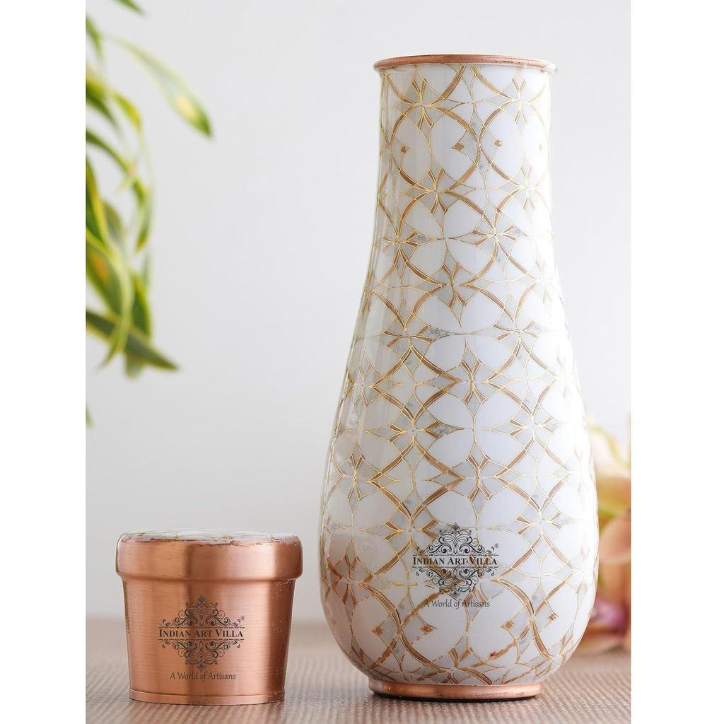 Copper Gold Block Print Bedroom Bottle – Designer Drinkware, Stylish Copper Water Bottle for Home Use, Volume- 1500 ML
