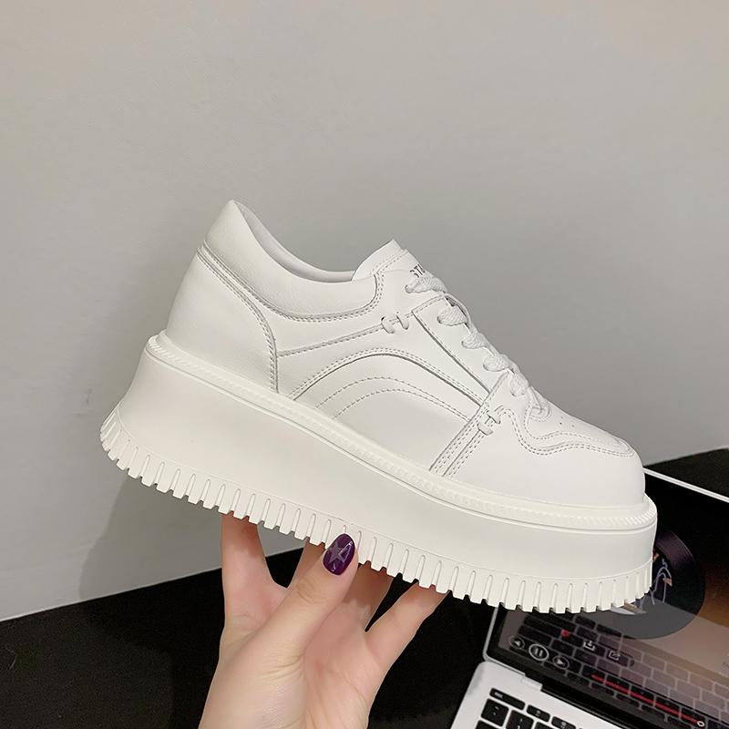 ქალის პლატფორმიანი ფეხსაცმელი, ქალის სპორტული ფეხსაცმელი 2024, ახალი, თასმებიანი, მაღალი ქუსლით, მრავალმხრივი, დაბალყელიანი, ყოველდღიური, მყარი ტყავის, პატარა ვაფლის ფეხსაცმელი