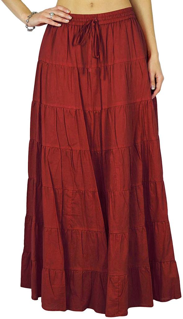 Phagun Damen Sommer Baumwolle Ziegelrot Rock Ethnisches Design Kordelzug Taille -