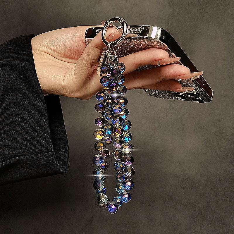 Internet Celebrity Senior Sense Colorful Crystal Water Drop Flash Mobile Phone Chain String Beads Bag Keychain Women's Short Lanyard