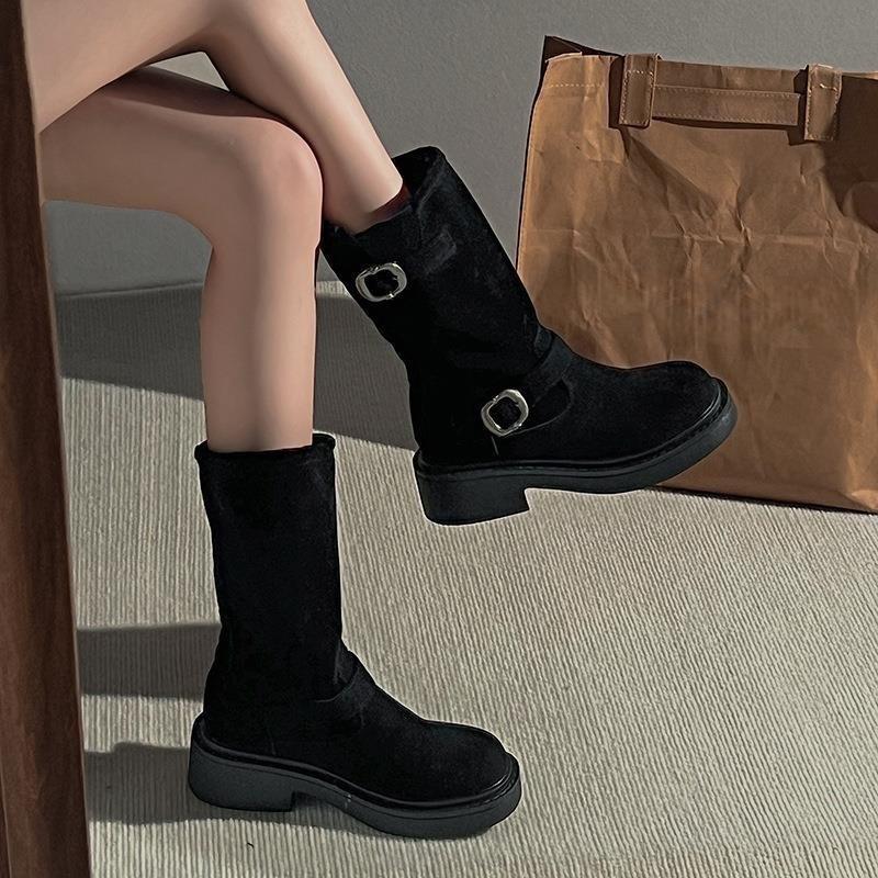 Women's Shoes Platform Martin Boots Women's Autumn and Winter Retro Maillard Metal Buckle Short Cowboy Boots Medium Tube Stack Thin