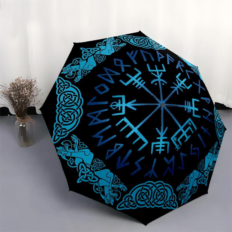 Viking Vegvisir Compass Norse Runes Umbrella - 3-Fold Compact Automatic Open/Close, 8-Rib Windproof Design with Blue Viking Ru