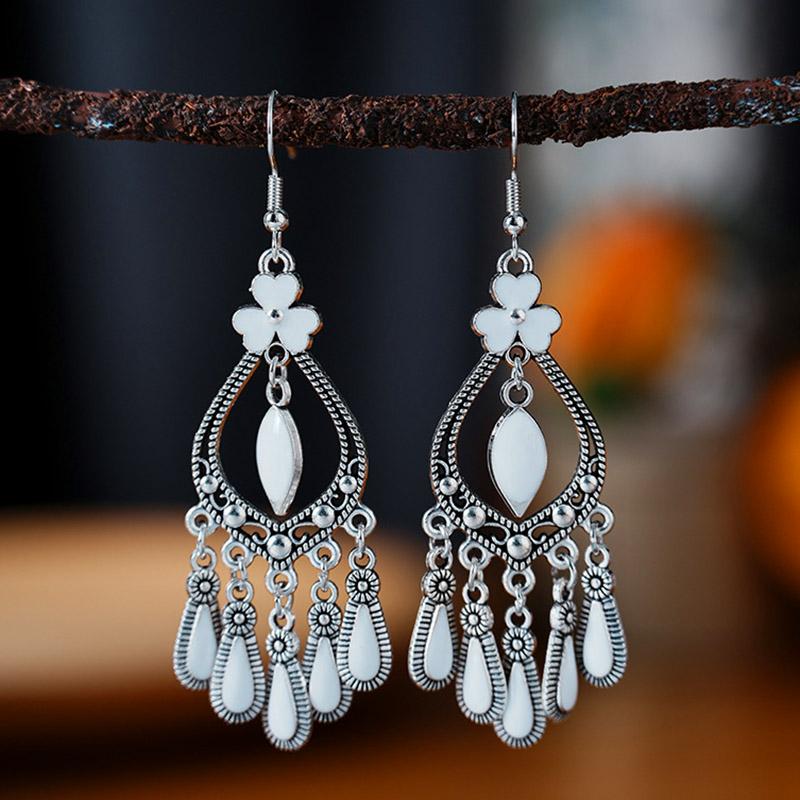White Enamel Peacock Water Drop Feather Earrings for Women Ethnic Elegant Long Crystal Rhinestone Earring Boho Vintage Jewelry