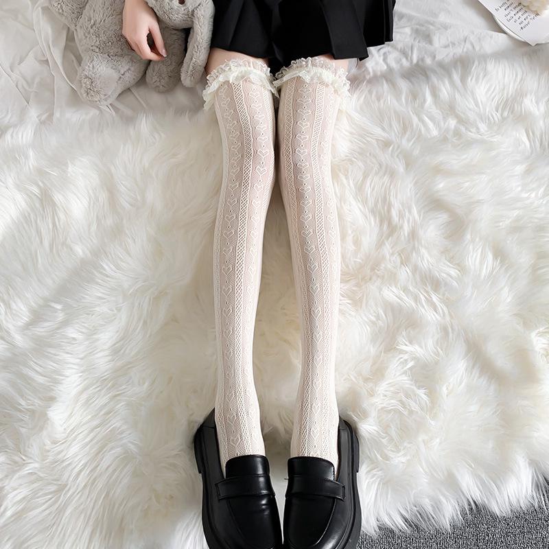 White Lace Lolita Mid-Tube Calf Socks - Women's Japanese Long Lace Stockings, Over-the-Knee Style.