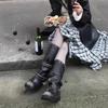 Vintage Platform Buckle Stylish Motorcycle Women Square Toe Chunky High Heel Mid-Calf Shoes Retro Biker Boots