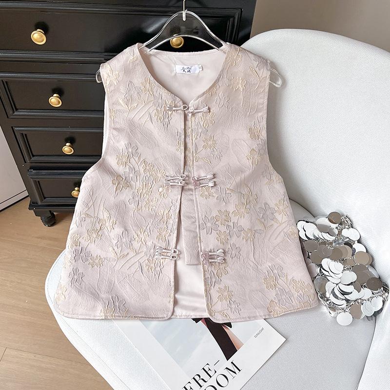 

Реальное фото темперамент ретро улучшенная пряжка атласный жаккардовый вышитый жилет женский топ XXXL [Recommended 138-75kg] розовый