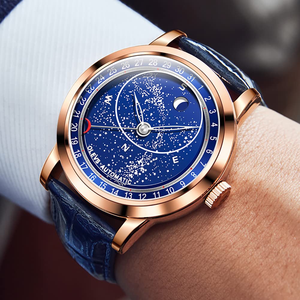 OLEVS Watch Cool Starry Sky Automatic Watch Mechanical Luxury Leather Belt Skeleton Leather Belt Waterproof Blue watch for men Gold Men's Men's (Rose