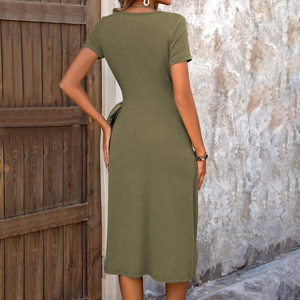 Elegant And Beautiful Women's Dresses 2025 Knitted Plain Sexy Deep V-neck Design Waist Tie Skinny Side Split Dress