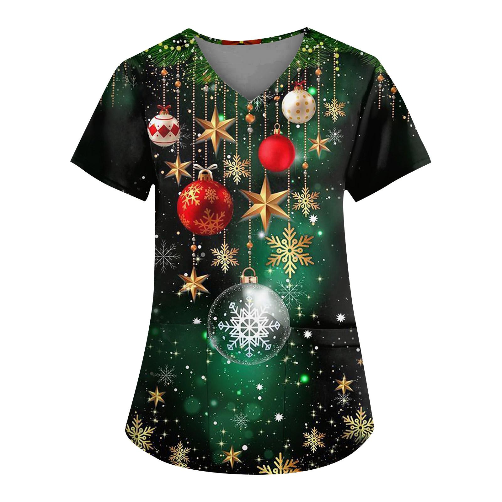 

Жіночий модний робочий одяг з V-подібним вирізом і короткими рукавами з кишенями, різдвяні топи з принтом XXL