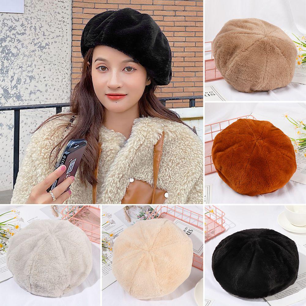 Fashion Plush Pure Color Vintage Ladies Beret Classic Female Bonnet