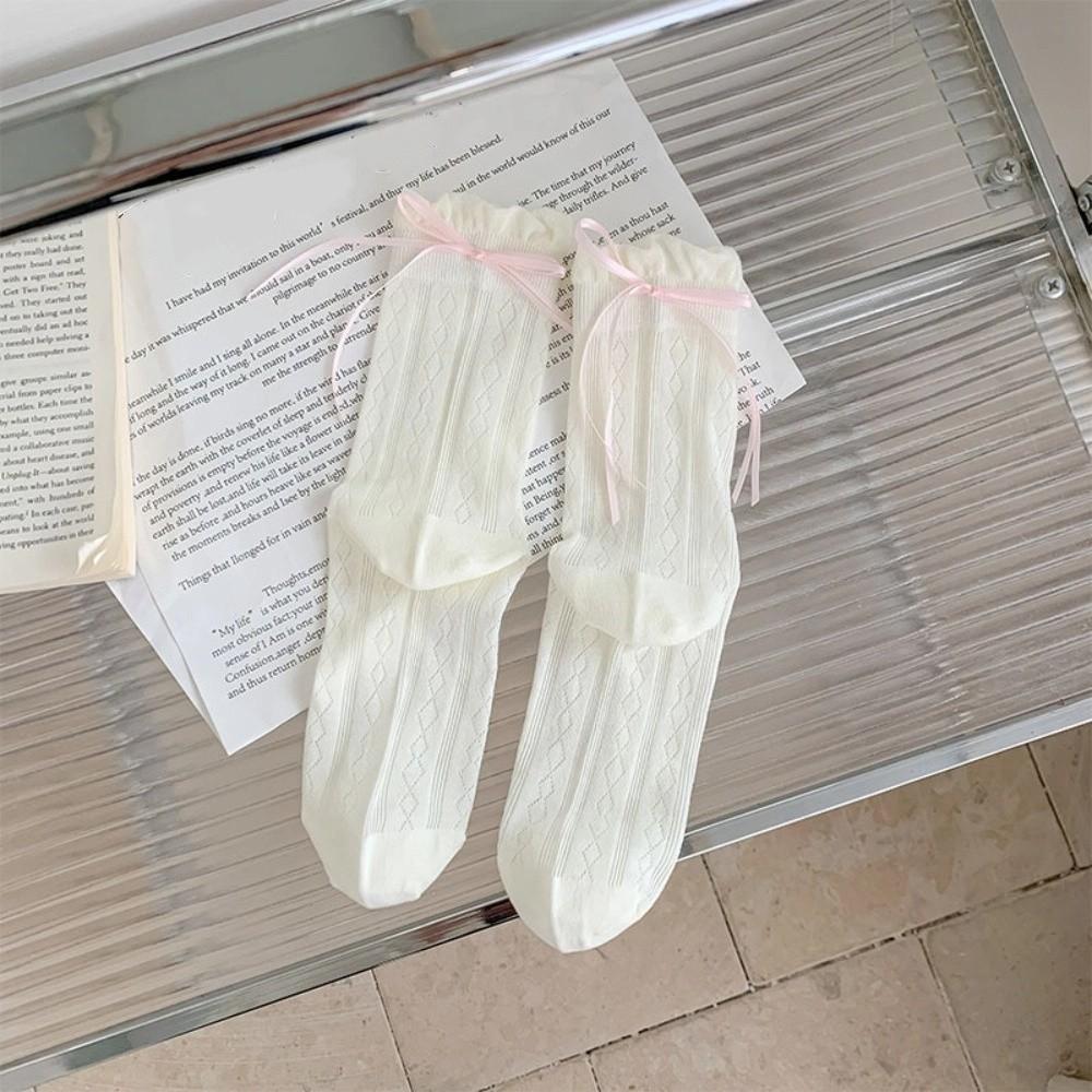 Solid Color Long Socks Breathable Bowknot Socks Soft Women's Socks  Summer
