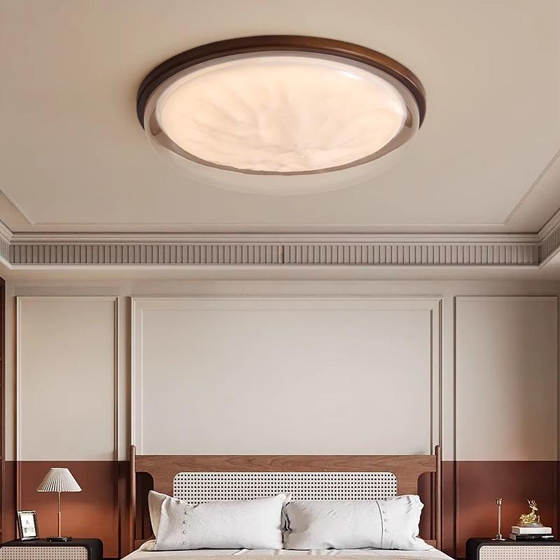 "Walnut Finish Full Spectrum Ceiling Lamp: Designer Round Bedroom & Study Light"