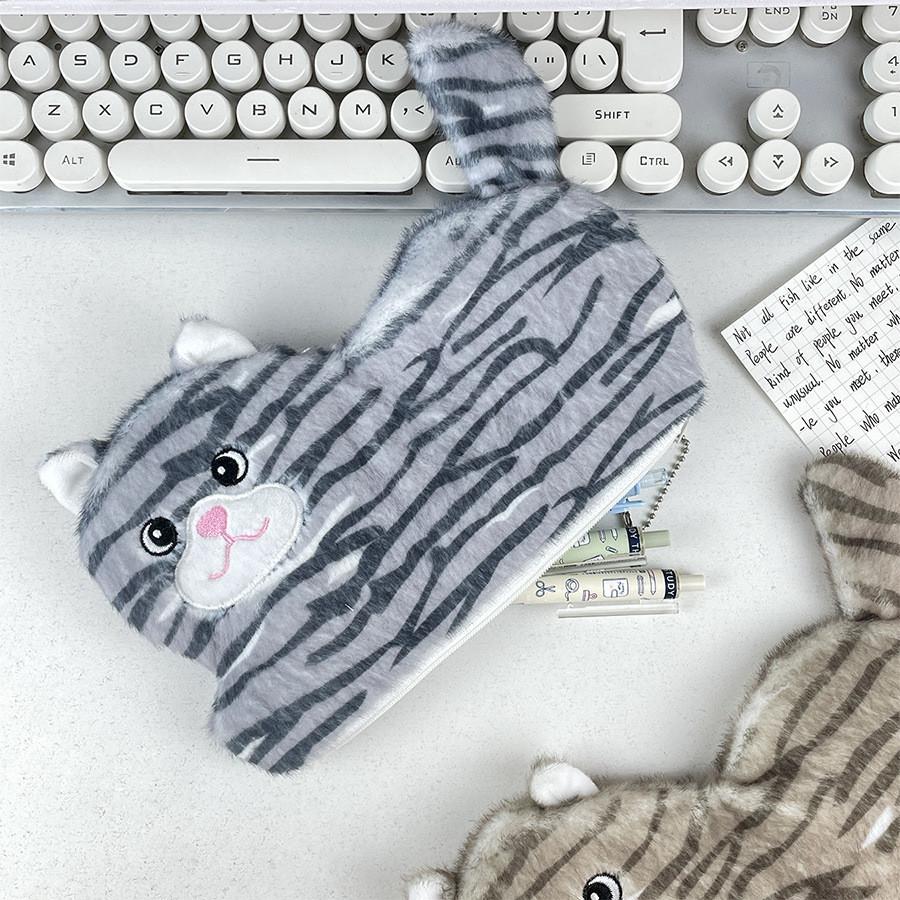 Striped Cute Cat Pencil Case In Grey Brown And Yellow Ideal For Students Stylish Bag Storage