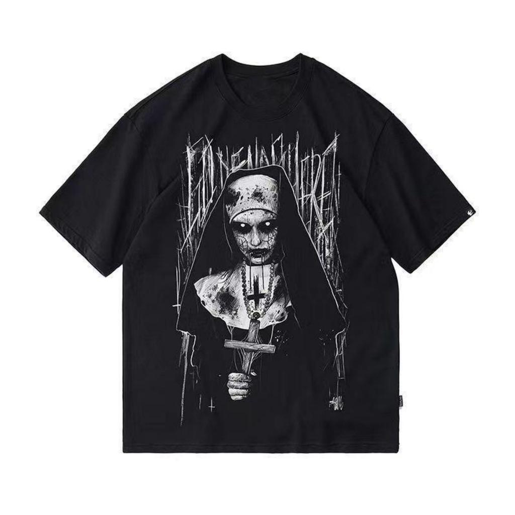 Dark Gothic Rock Short Sleeve T-shirt Horror Pattern Print Short Sleeve Niche Dark Retro High Street Loose Top for Men and Women