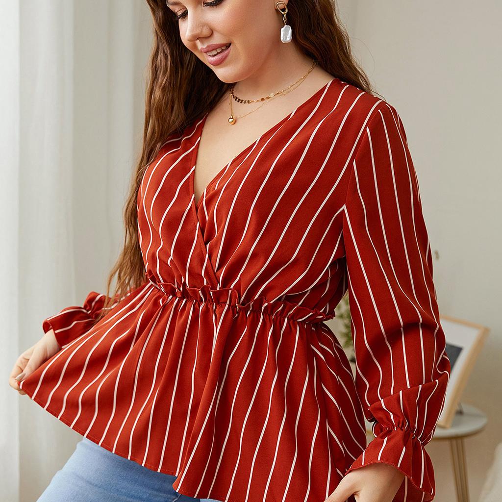 V-neck Striped Print Pullover Shirt for Women Long Ruffed Sleeve Peplum Loose Summer T-shirt Casual Commute Fashion Shirt Breathable Lightweight Shirt