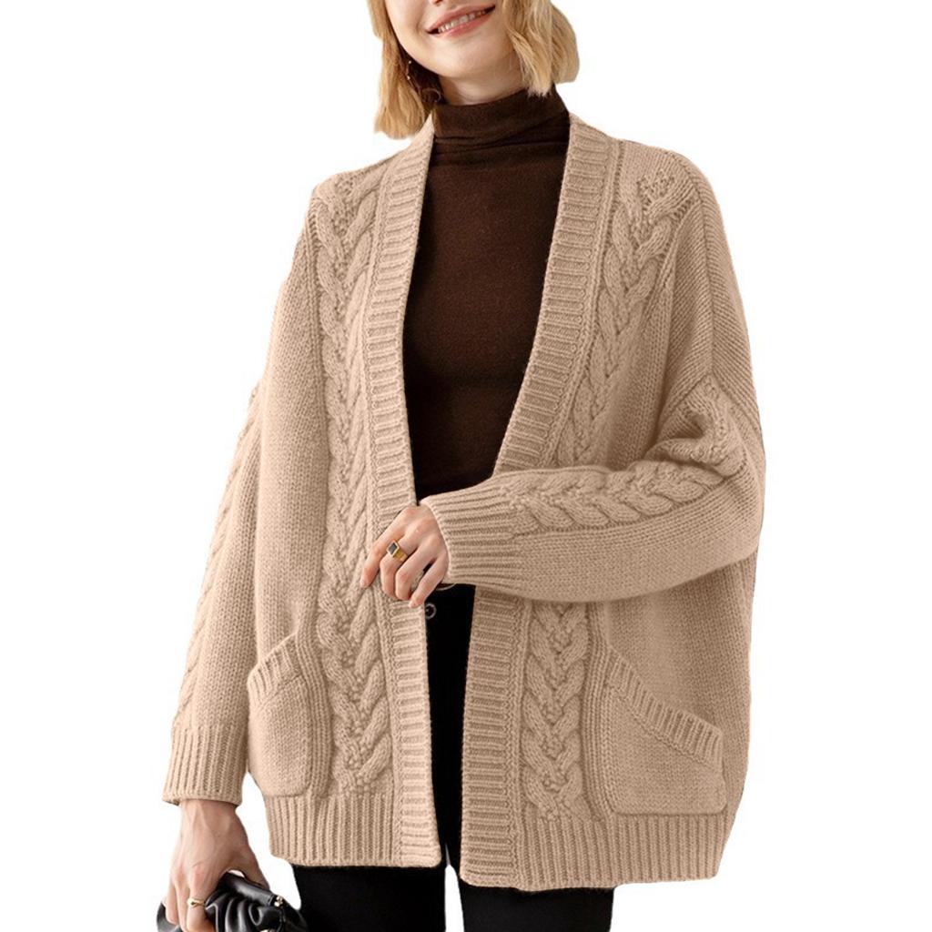 Ladies New Autum And Winter Loose Cable Knit Mid-length Sweater Coat