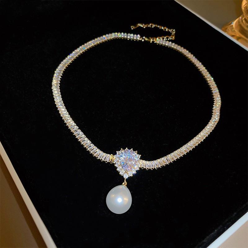 French Diamond Flower Pearl Necklace Fashion Temperament Clavicle Chain Versatile Jewelry Accessories