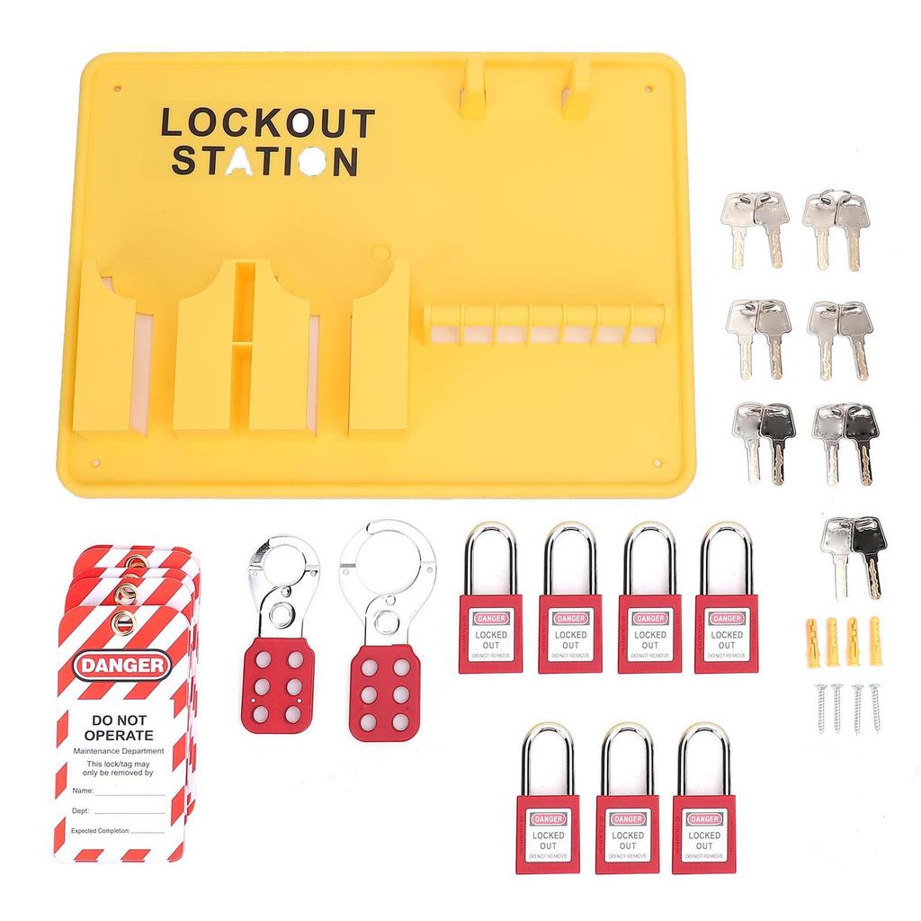 Lockout Tagout Station Kit PC PA Wall Mount Industrial Safety Lock Board Set with 10 Tags 2 Hasp Lock Yellow