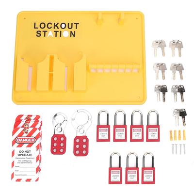 Lockout Tagout Station Kit PC PA Wall Mount Industrial Safety Lock Board Set with 10 Tags 2 Hasp Lock Yellow