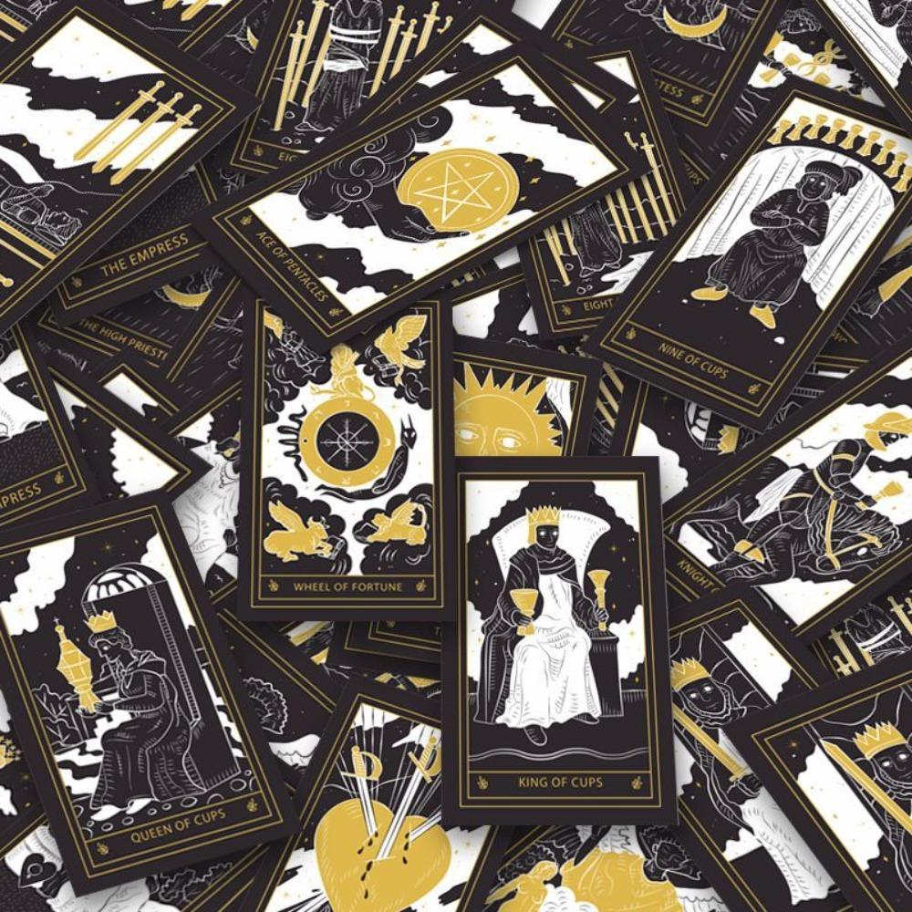 Mystic Noir Elegant Black & Gold Tarot Deck 10*6cm, Full 78-Card Set in Metal Tin, Travel-Size Deck for Wisdom and Guidance
