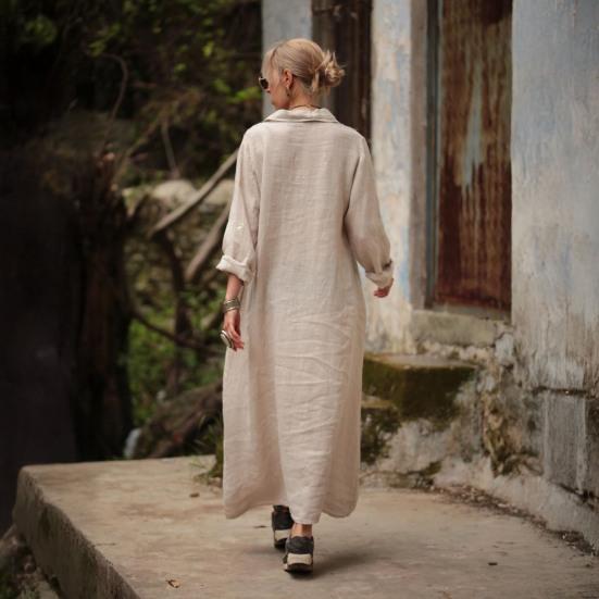 Women's Cotton Linen Shirt Dress Casual Rolled-Up Sleeve Button Dowm Maxi Dress Summer Loose