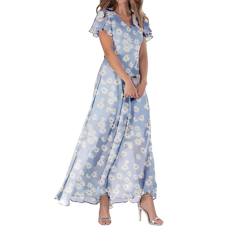 Summer new big pendulum long dress V-neck short-sleeved printed chiffon dress
