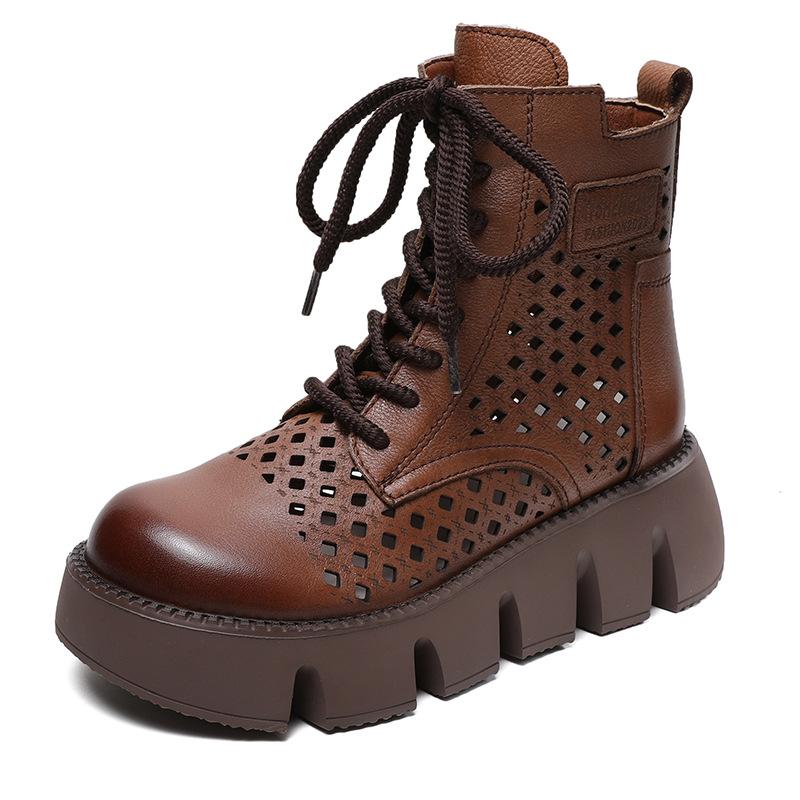 

Лето 2025 новые ретро крутые ботинки обувь с отверстиями молния обувь на платформе этническая мода женская обувь женские туфли на танкетке 40 темно-коричневого