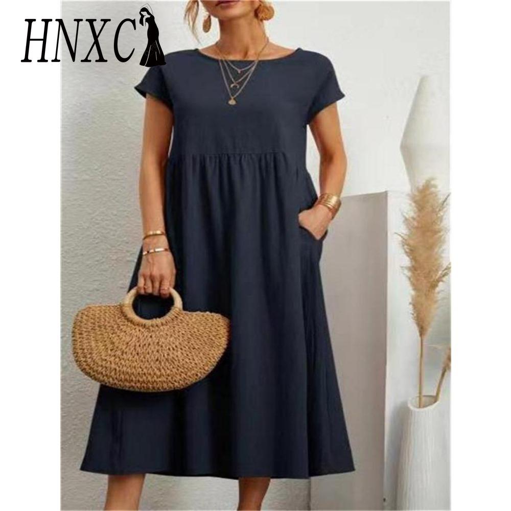 HNXC Rochie de vară casual lejeră pentru femei, cu mânecă scurtă, O-neck, linie A, rochie de doamnă cu buzunar, rochie de birou din bumbac și in