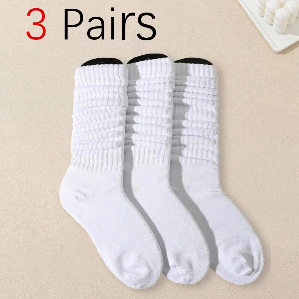 3 Pairs Women Pile Up Socks Fashionable Trendy Versatile White Solid Color Basic Socks Comfortable Breathable Mid Length Socks One Size