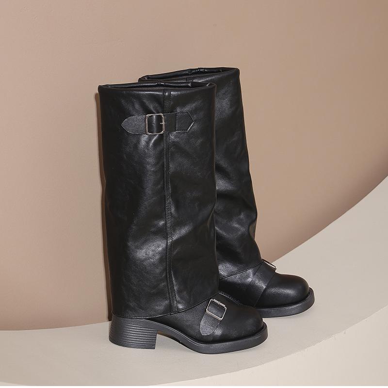 Automne Hiver Vintage Talon Épais Bottes Hautes aux Genoux pour Femmes Bottines Longues pour Dames Boucle de Ceinture Knight