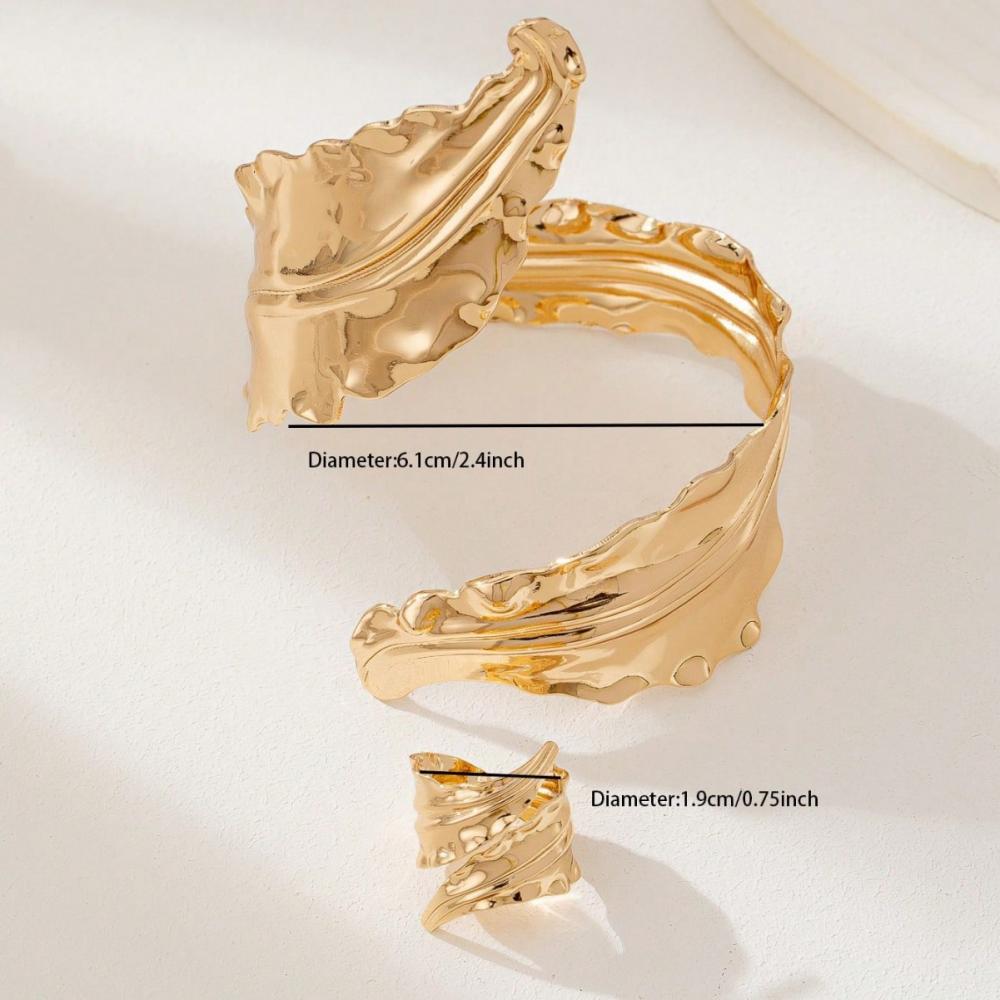 S Vintage Fashion Folded Leaf Bracelet Spiral Opening Adjustable Ring Set For Women Girls Holiday Party Fashion Jewelry Gifts